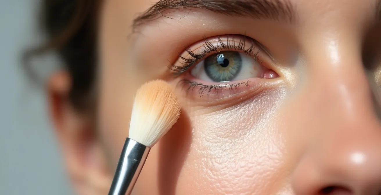 Detailaufnahme des präzisen Concealer-Auftragens mit einem kleinen Pinsel unter dem Auge, um die leichte Textur zu zeigen.