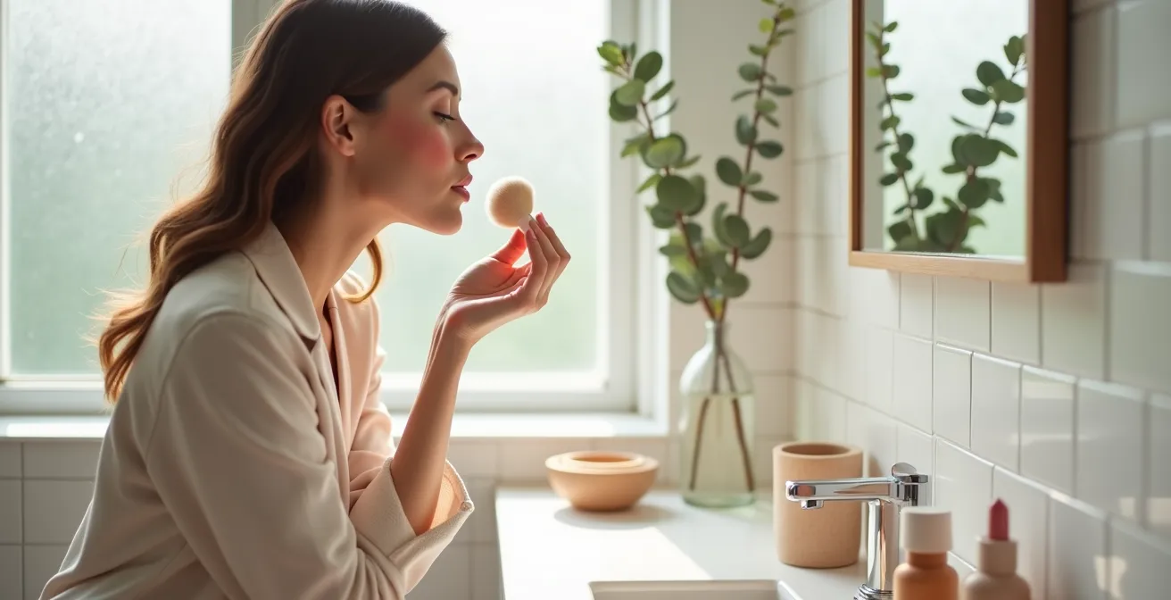 Eine Frau trägt mit den Fingerspitzen sanft ein cremiges Rouge auf ihre Apfelbäckchen auf, in einem hellen, minimalistischen Badezimmer.