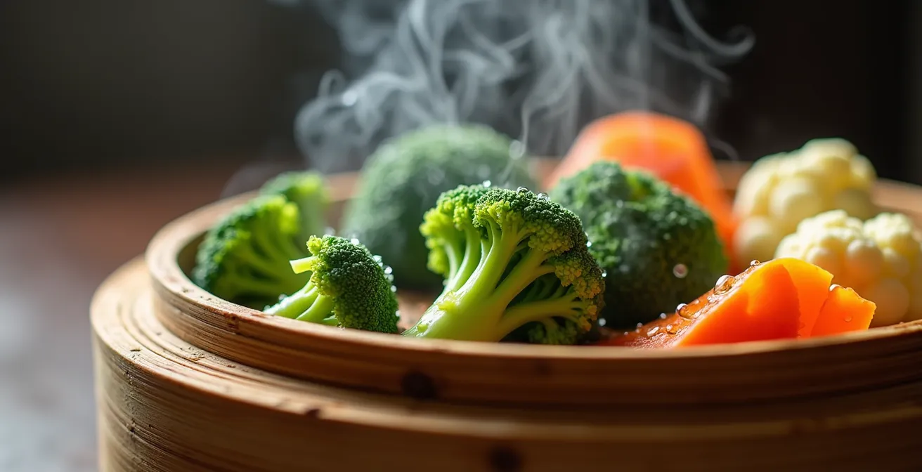 Dampfgarer mit buntem Gemüse in verschiedenen Garebenen