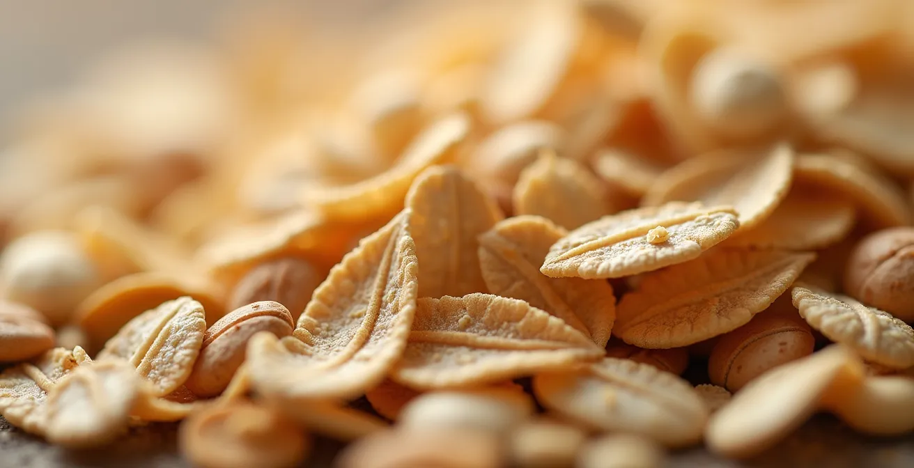 Makroaufnahme von verschiedenen Vollkornflocken und Körnern mit sichtbaren Fasern und Texturen