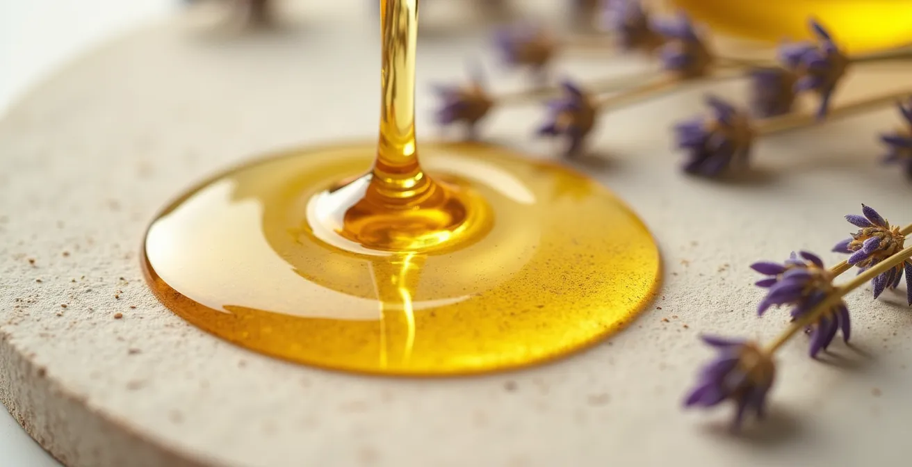 Makroaufnahme von goldenen Öltropfen beim Mischen für selbstgemachtes Nagelöl