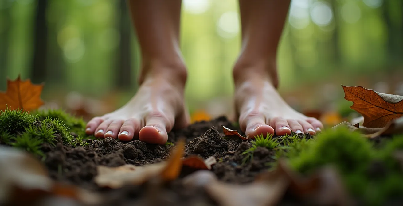 Person die barfuß auf deutschem Waldboden steht und sich erdet