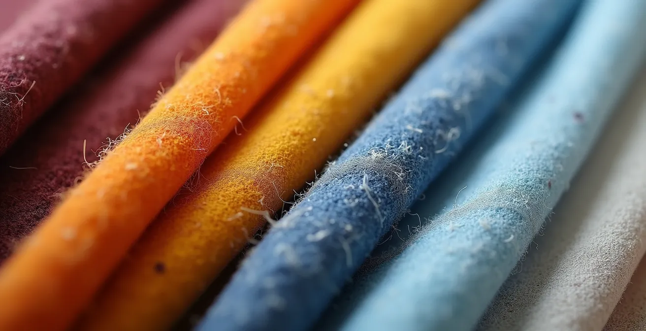 Makroaufnahme verschiedener Stoffmuster und Texturen für eine Farbtypanalyse, die warme und kühle Töne zeigt.