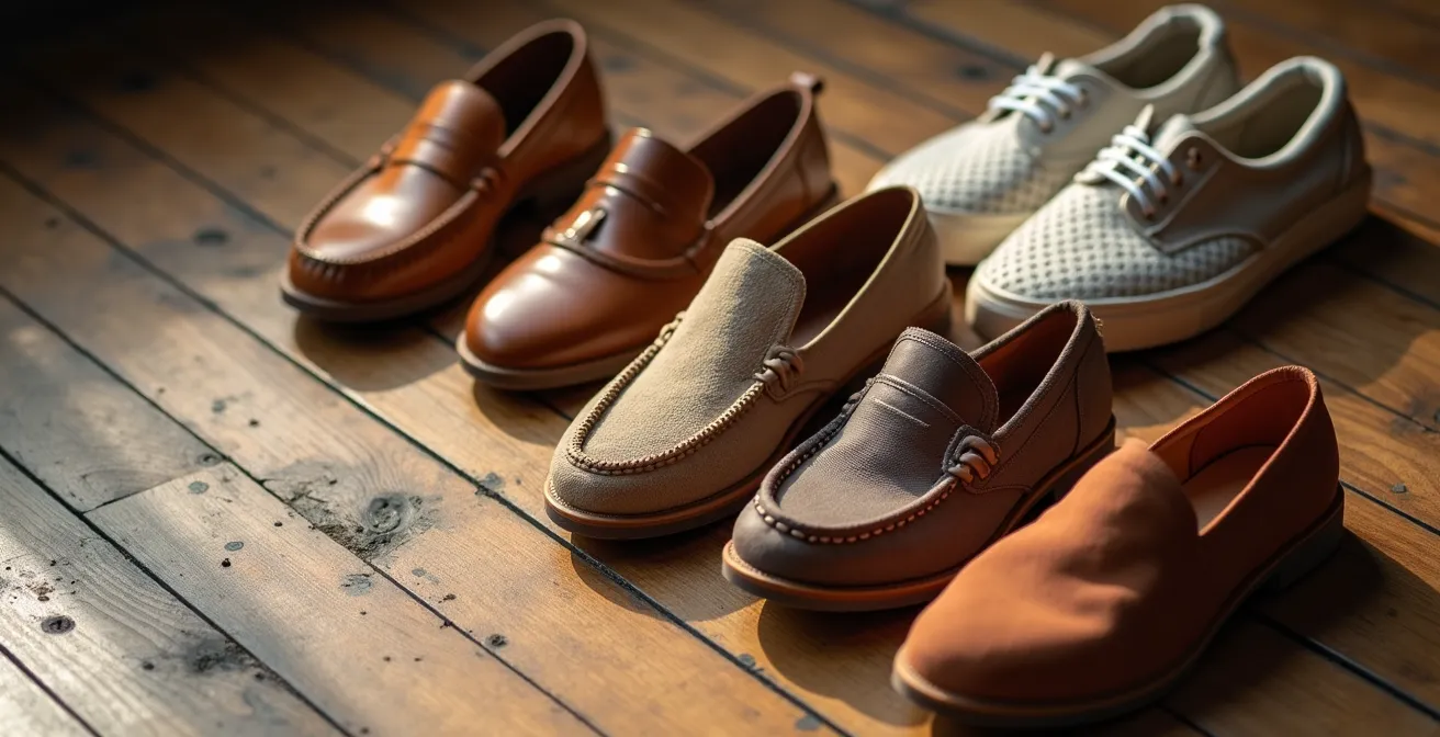 Stilvolle Kollektion flacher Wochenendschuhe auf Holzboden