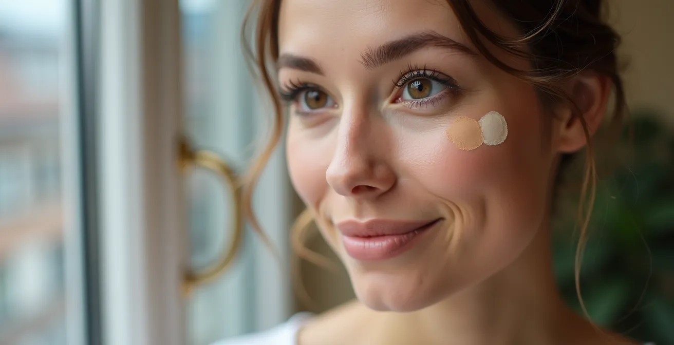 Frauengesicht im Profil mit drei verschiedenen Foundation-Streifen entlang des Kieferknochens bei natürlichem Tageslicht