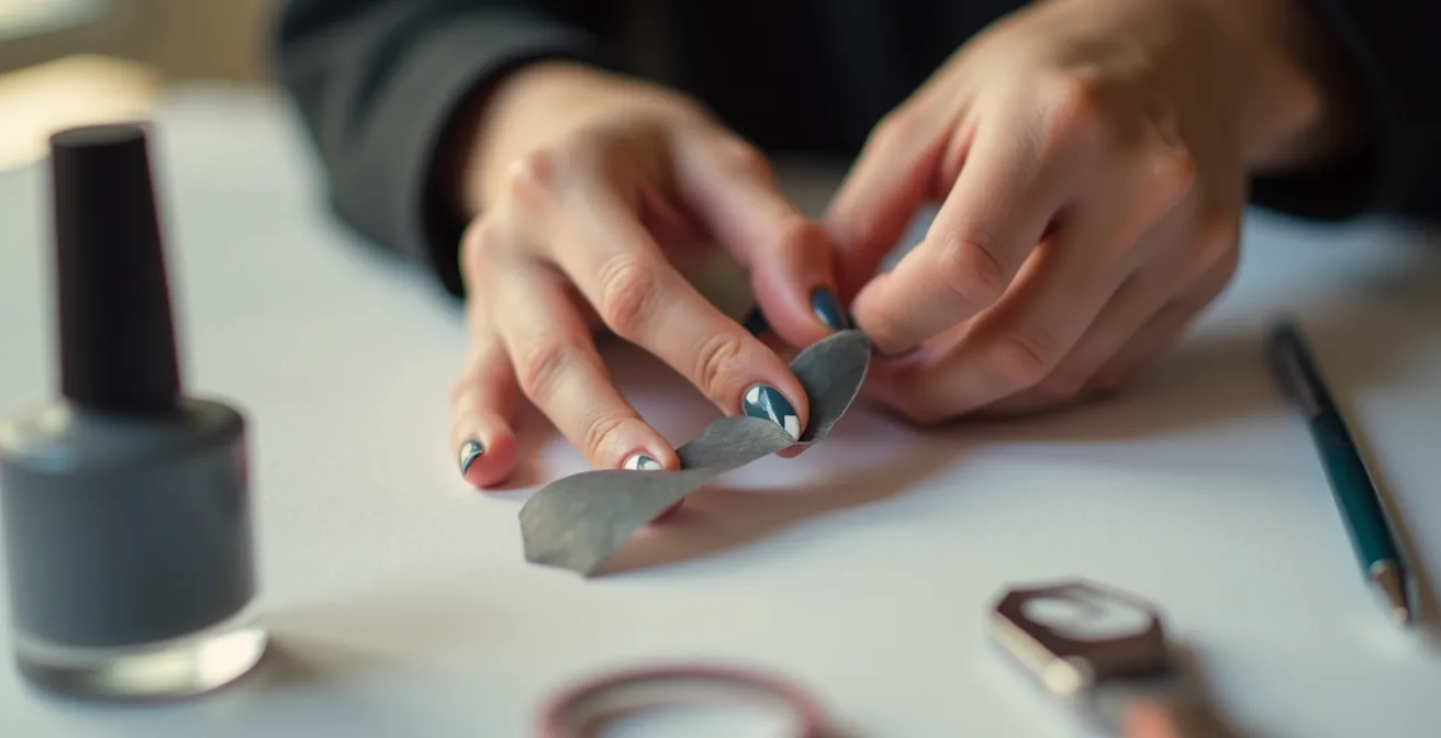Hände beim Auftragen von geometrischen Mustern mit Klebeband-Technik auf Fingernägeln