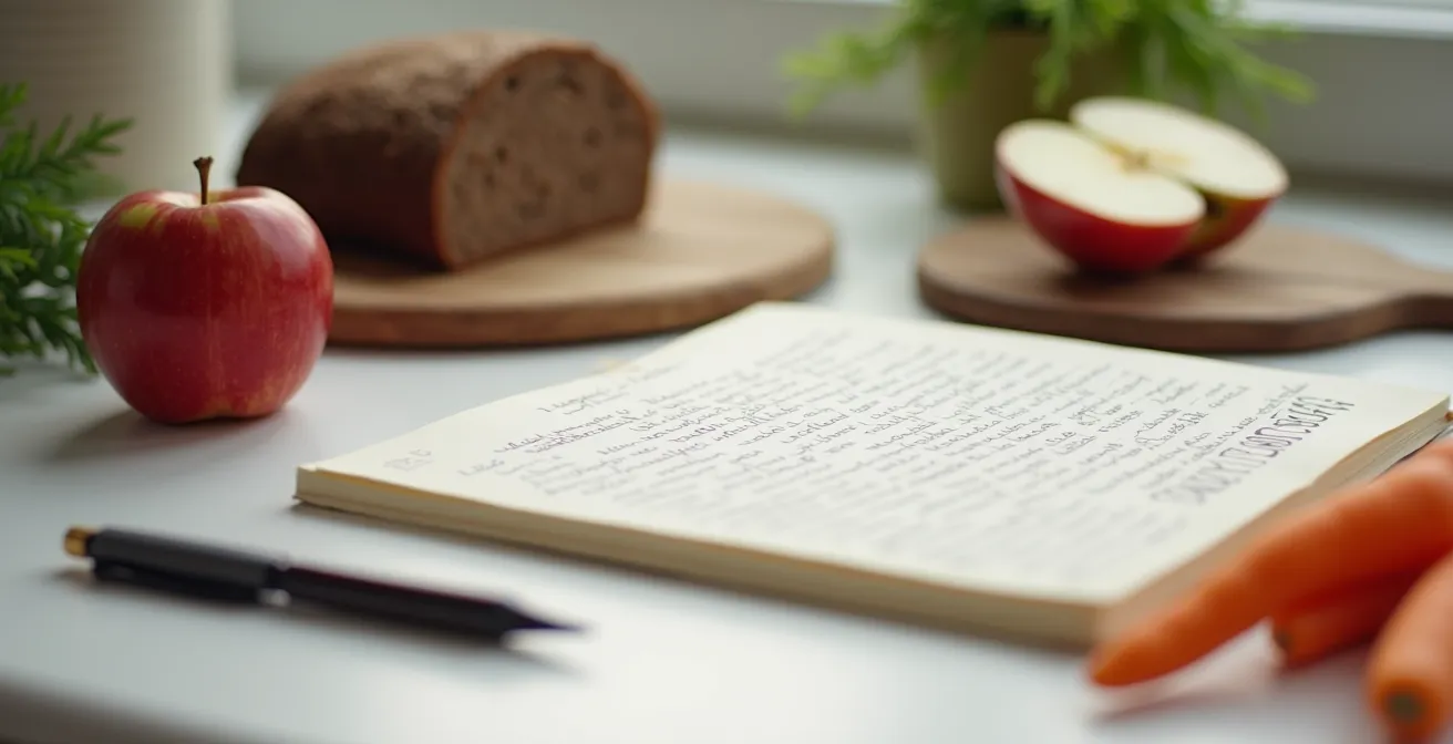 Geschmackstagebuch mit frischen deutschen Lebensmitteln und Notizen