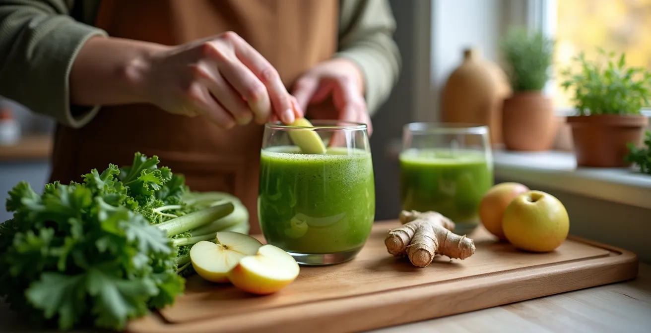 Hände bereiten einen grünen Smoothie mit Grünkohl und Apfel in einer einladenden Küchenatmosphäre zu.