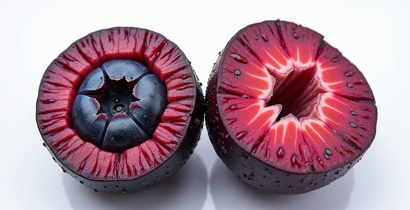 Vergleich heimischer deutscher Heidelbeeren und exotischer Acai-Beeren mit einer Visualisierung ihrer Nährstoffdichte.