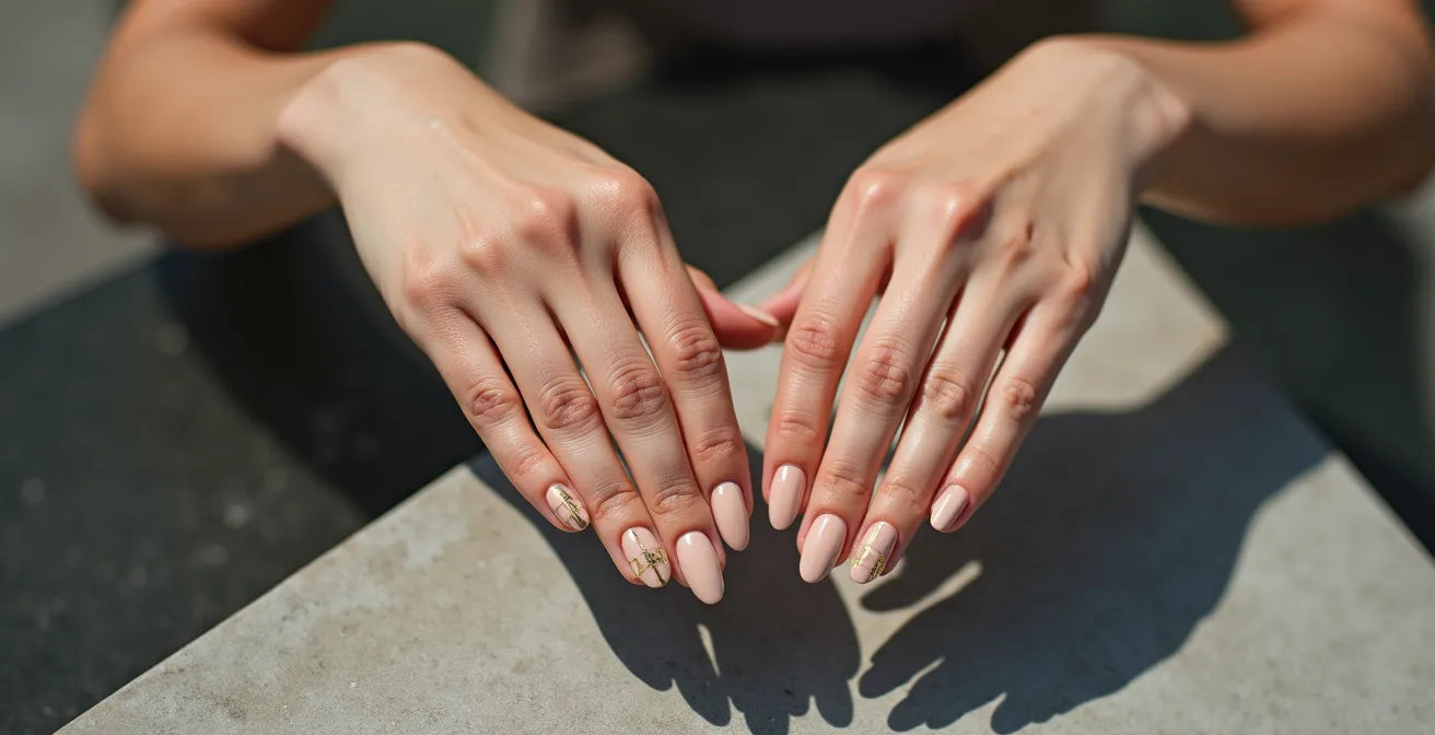 Elegante Hände zeigen geometrische Nail-Art im Bauhaus-Stil auf Nude-Basis