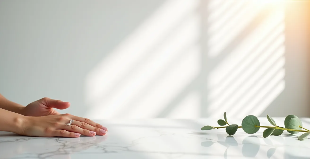 Minimalistische Aufnahme von Händen mit Pflegeserum in ruhiger Umgebung