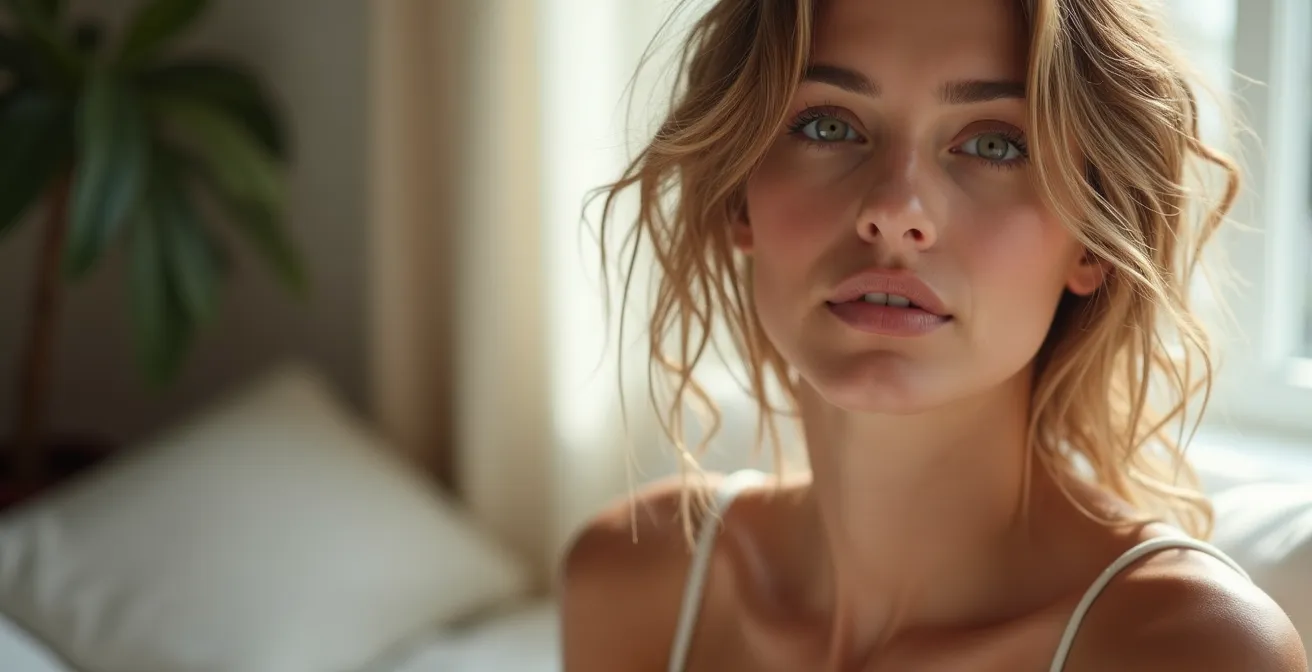 Frau mit natürlichem Make-up und mühelosem Haar-Styling im Casual-Chic-Stil