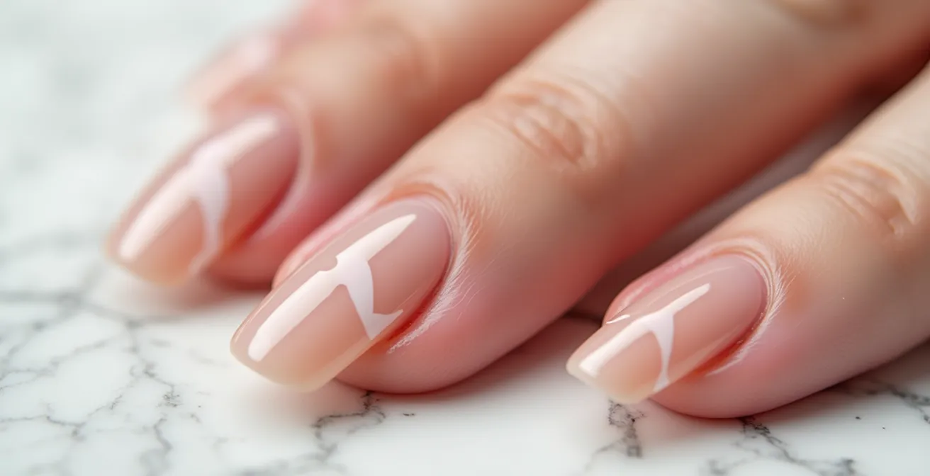 Nahaufnahme von Fingernägeln mit minimalistischem Negative Space Design in geometrischen Formen