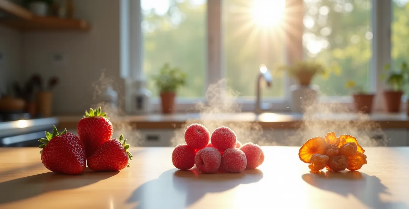 Visuelle Darstellung der drei Konservierungsformen von Obst: frische deutsche Erdbeeren, gefrorene Blaubeeren und getrocknete Apfelringe auf einer Küchentheke.