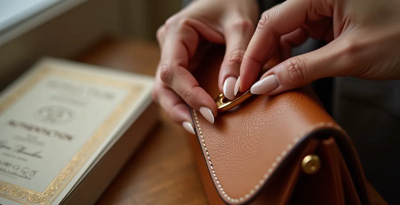 Makroaufnahme von Händen, die ein hochwertiges Designerstück mit Authentizitätszertifikat prüfen