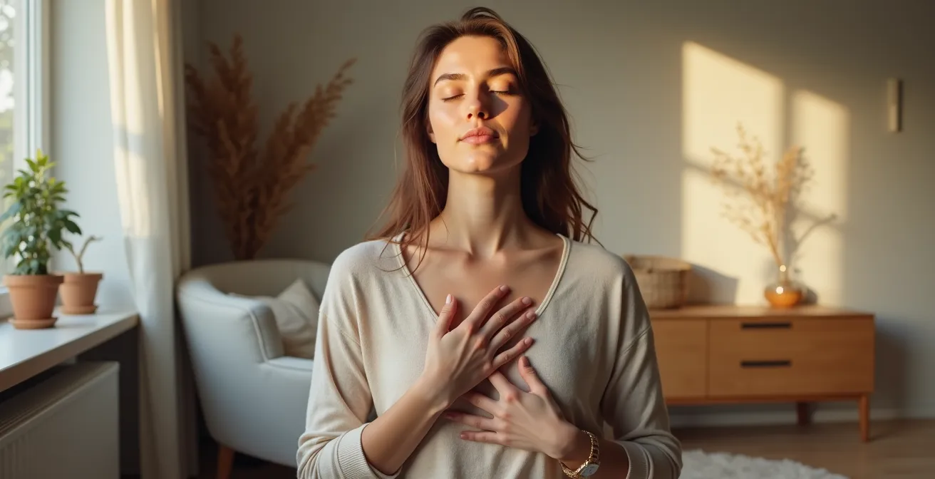 Nahaufnahme einer Person die achtsam verschiedene Körperbereiche wahrnimmt