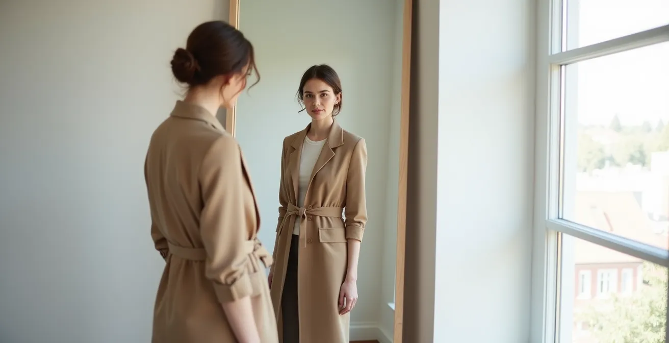 Frau vor Spiegel passt Trends an ihren persönlichen Stil an