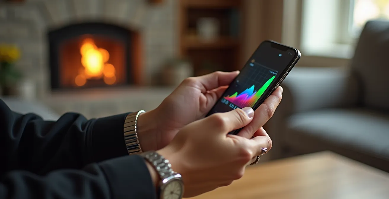 Nahaufnahme von Händen mit Smartphone, das abstrakte Preiskurven zeigt