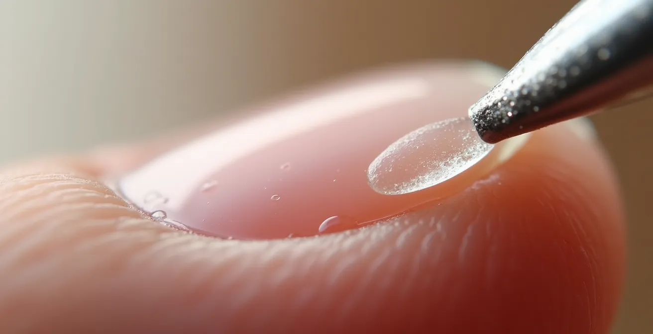 Nahaufnahme einer Glasfeile beim sanften Feilen eines Fingernagels in eine Richtung zur Versiegelung der Nagelspitze.