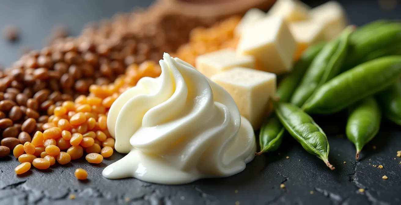 Verschiedene proteinreiche Lebensmittel aus deutschen Supermärkten arrangiert