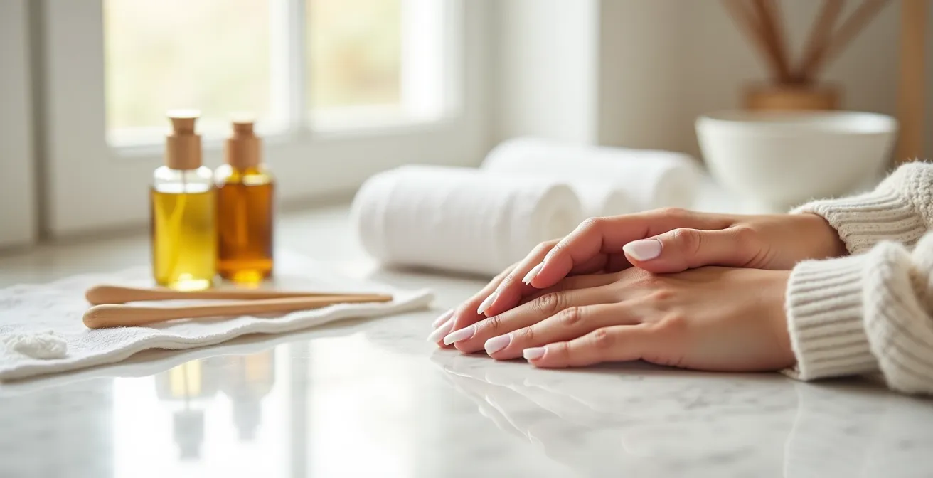 Hände mit gepflegten, natürlichen Nägeln in einer regenerierenden Pflegebehandlung mit Öl und Cremes.