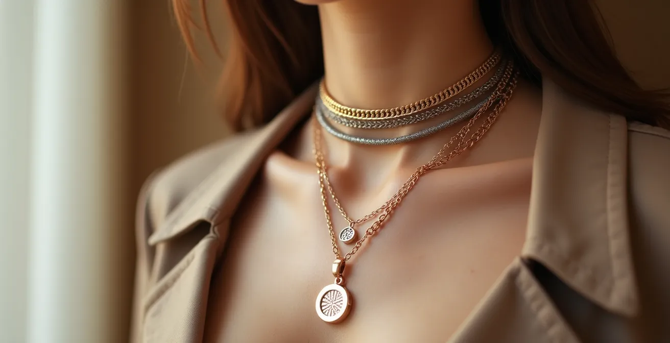 Demonstration der 3-Texturen-Regel beim Ketten-Layering mit drei unterschiedlichen Halsketten.