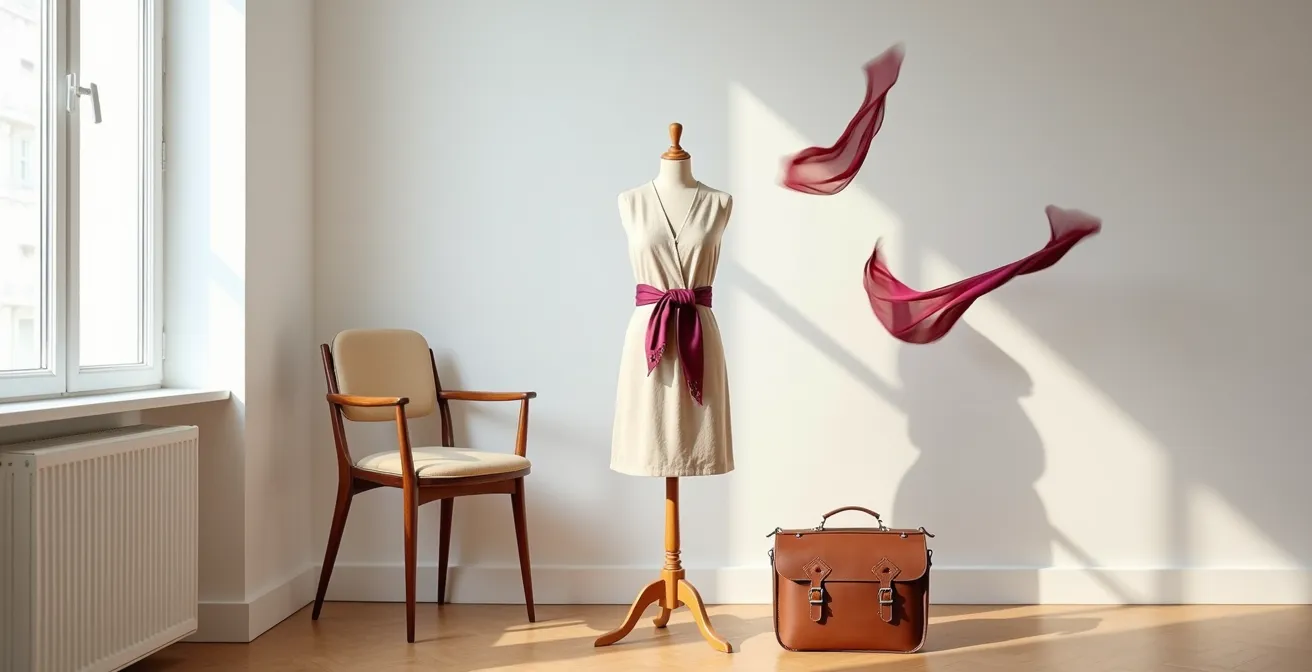 Verschiedene kreative Anwendungen eines Seidentuchs als Accessoire in einem minimalistischen Raum.