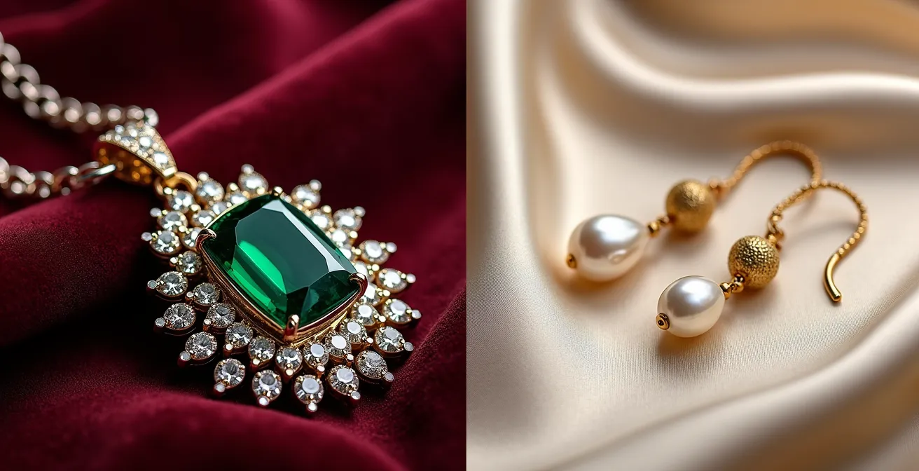 Nahaufnahme zweier Schmuckstile: Links opulentes Diamantcollier, rechts zarte Perlenohrringe