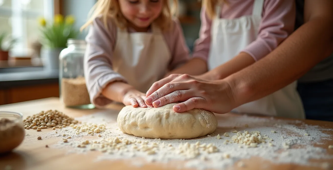 Familie beim gemeinsamen Backen mit Vollkornmehl in moderner deutscher Küche