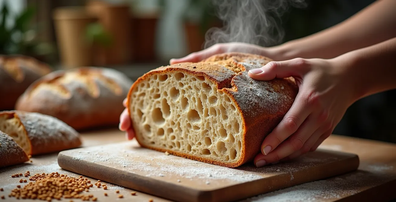 Verschiedene deutsche Vollkornbrote und alte Getreidesorten auf rustikalem Holzbrett