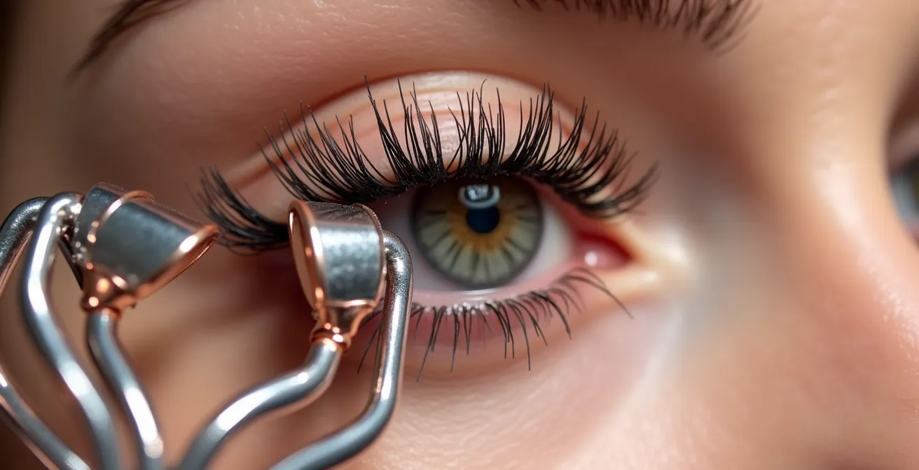 Detailansicht einer Wimpernzange die Wimpern in perfektem Schwung formt