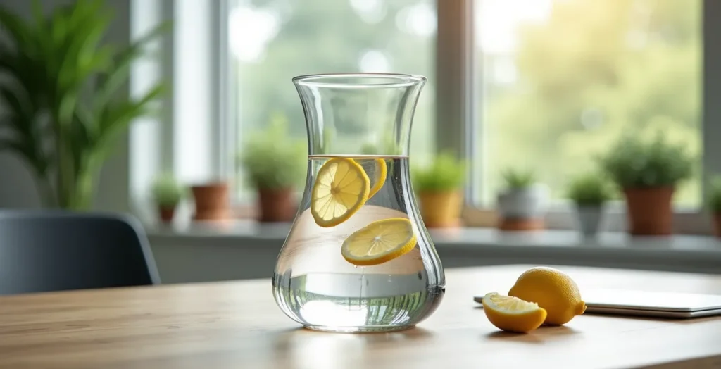 Stilvolle Glaskaraffe mit Wasser und Zitrone auf deutschem Büroschreibtisch Stilvolle Glaskaraffe mit Wasser und Zitrone auf deutschem Büroschreibtisch